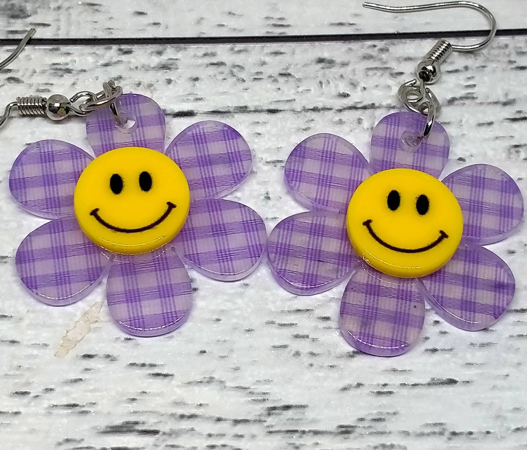 Charming Purple Checkered Sunflower Earrings -