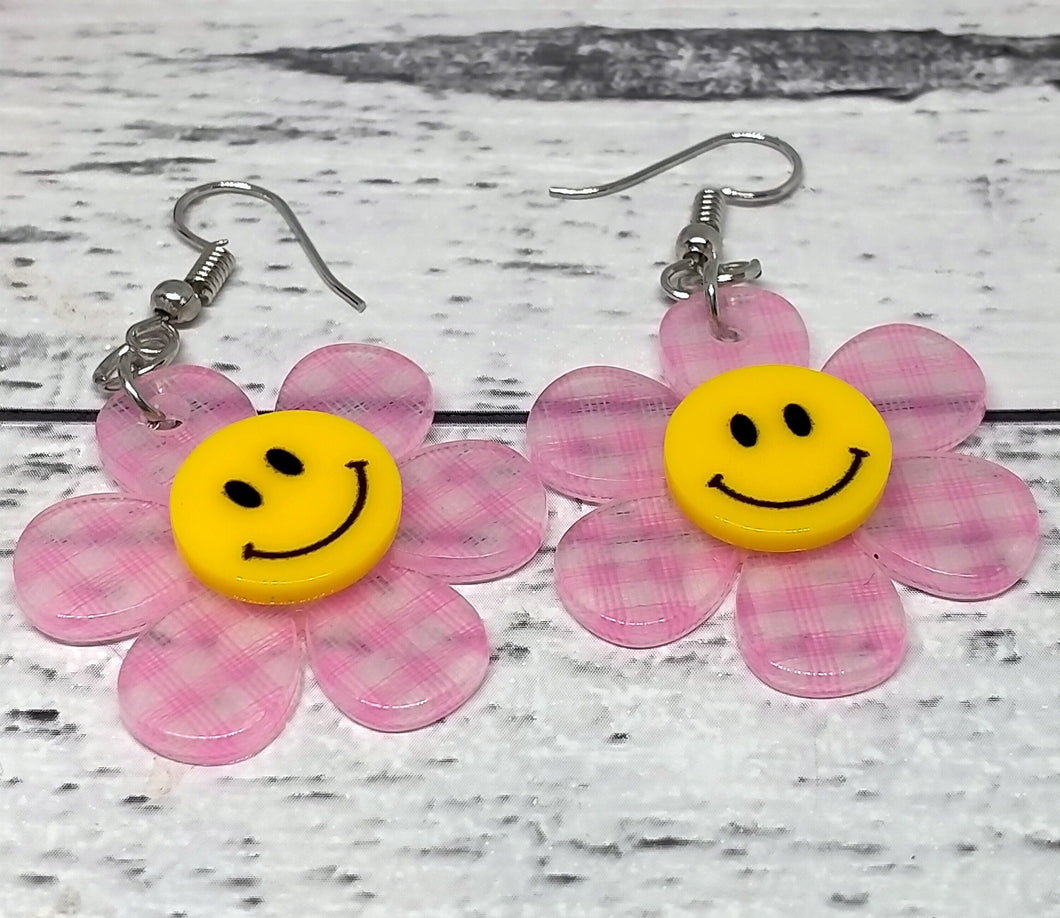 Pink chequered smiling sunflower Earrings