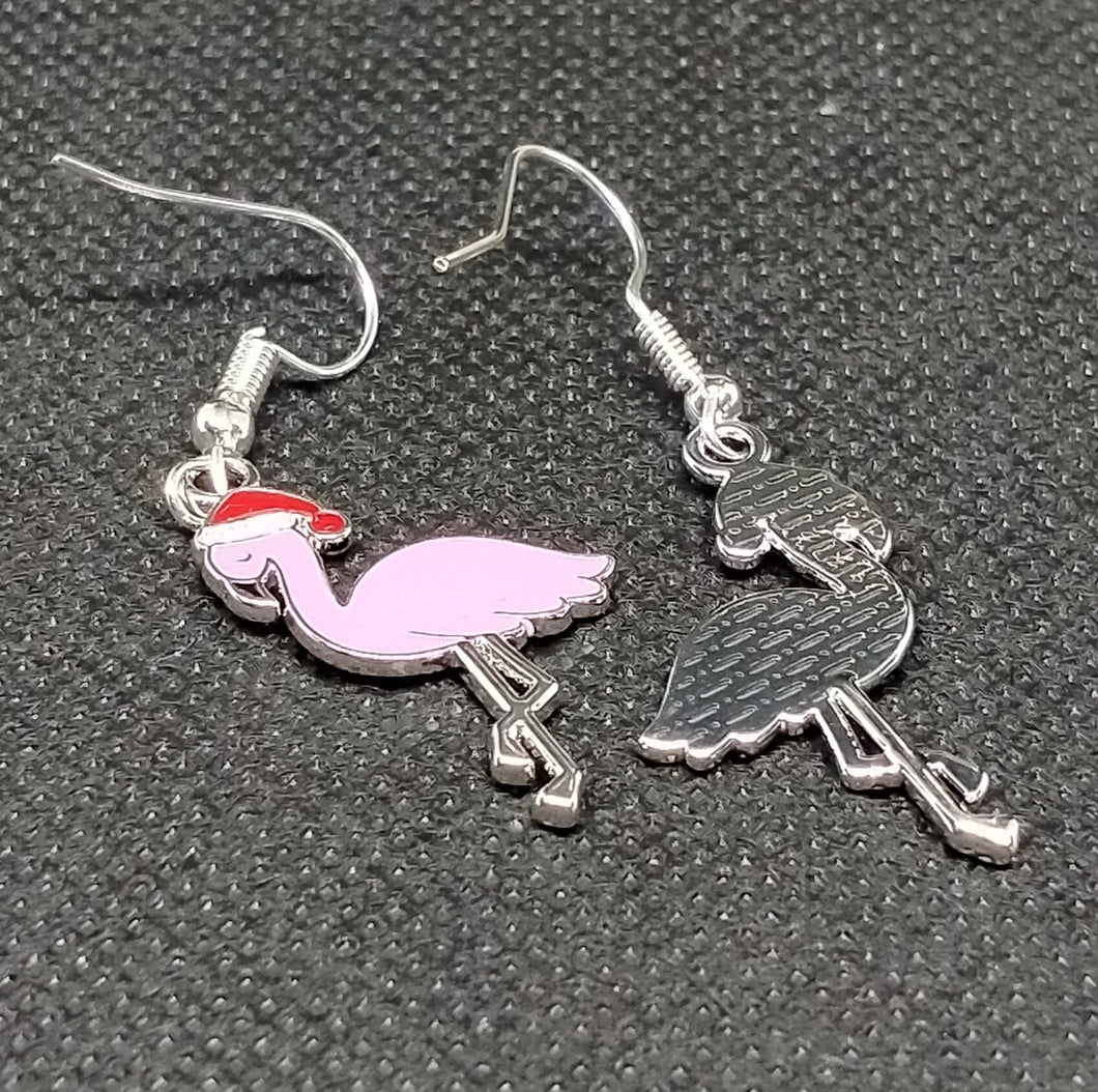 Christmas Flamingo Earrings - Pink Holiday Accessories - Festive Animal Jewelry