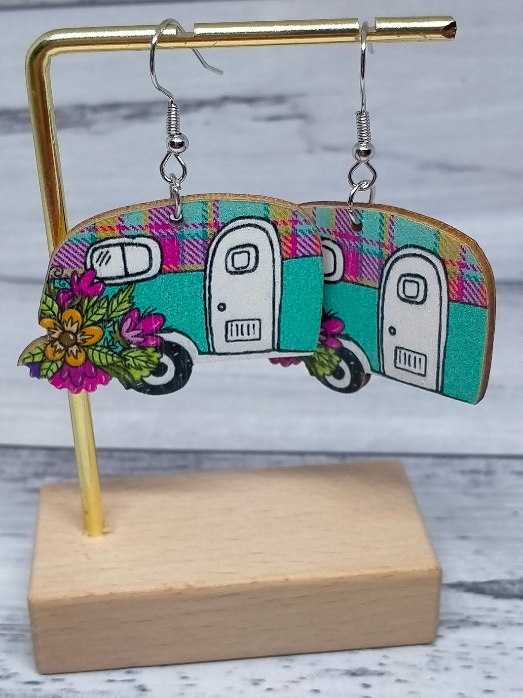 Wooden Caravan Earrings (A) - Novelty Jewellery Gift