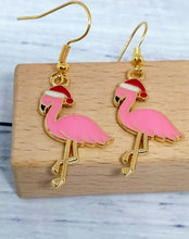 Load image into Gallery viewer, Christmas Flamingo Earrings - Pink Holiday Accessories - Festive Animal Jewelry

